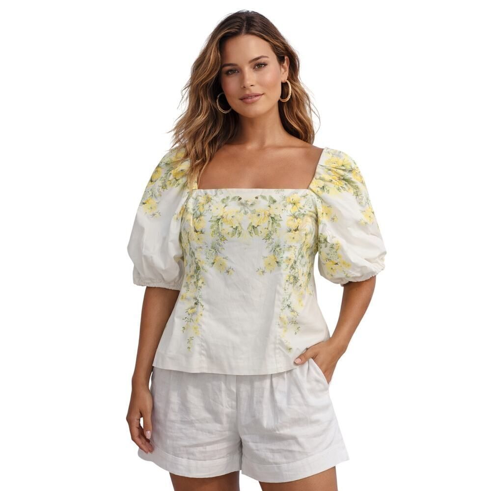 ANTONIO MELANI Women's Tamara Floral Print Cropped Top White/Yellow Size 14 -NWT